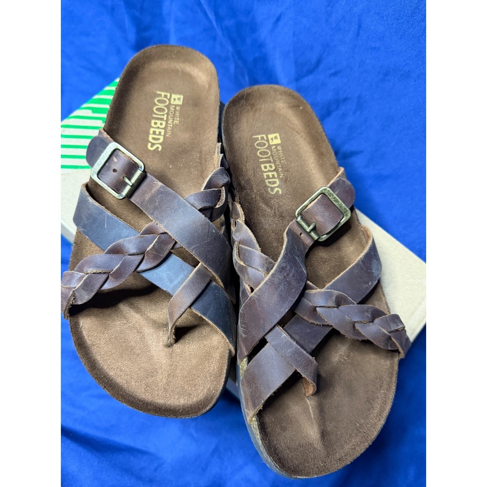 White Mountain Harrington Brown Leather Braided Buckle Footbed Sandals 8 W30609